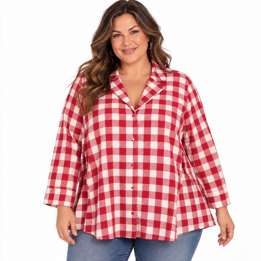 Pomander Place Top Womens XXL Red Gingham Plaid Button Up Peplum Cotton Cottage